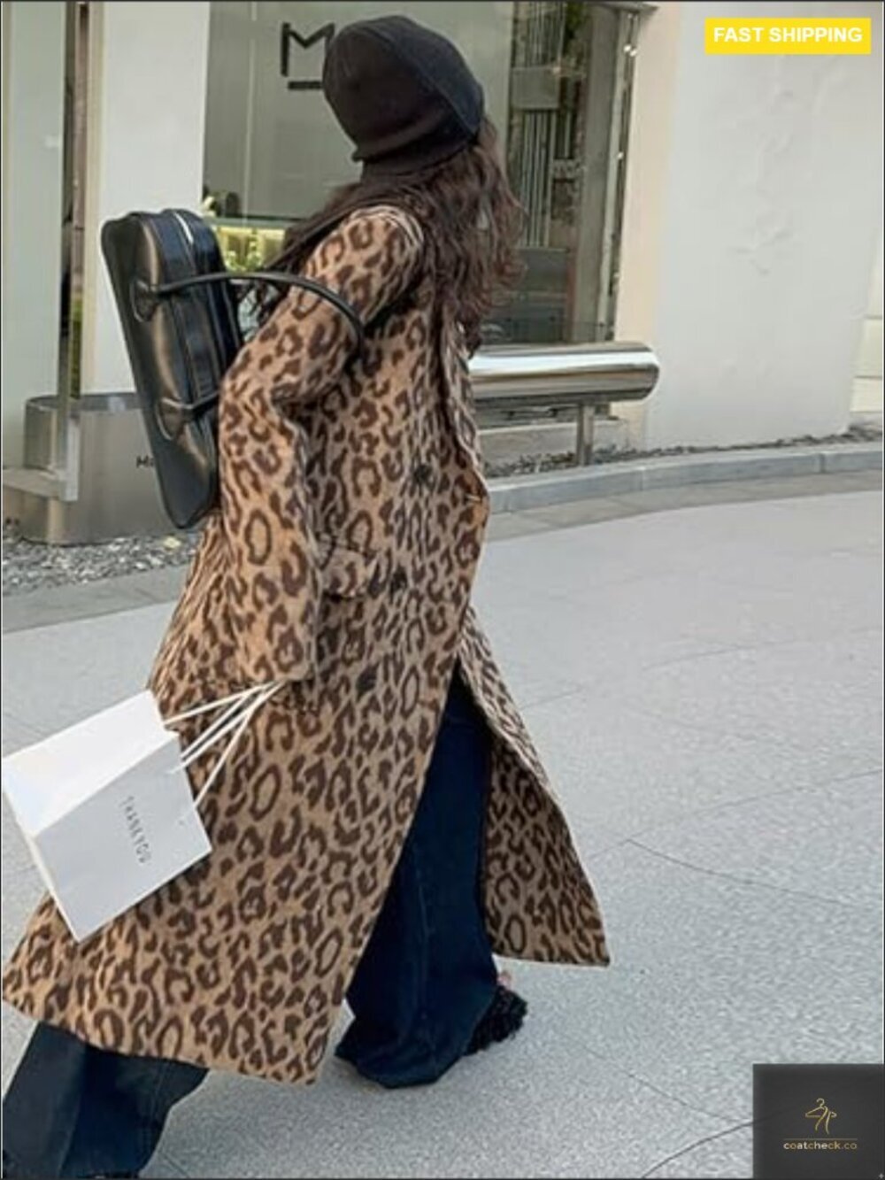 Leopard Print Wool Blend Pea Coat Double Breasted Trench Overcoat Winter Warm - Picture 3 of 7